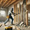 Scène réaliste d'un ouvrier du bâtiment démolissant avec précaution une partie d'un mur intérieur d'une maison. Le mur est abattu à l'aide d'une masse, tandis que des poutres de soutien sont en place pour maintenir le plafond. L'ouvrier porte des équipements de protection tels qu'un casque, des lunettes de sécurité, des gants et un masque anti-poussière. L'arrière-plan montre l'intérieur d'une maison moderne, la structure exposée révélant des câbles électriques et des tuyaux à l'intérieur du mur. Traduit avec DeepL.com (version gratuite)