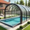 piscine rectangulaire de jardin avec un abri haut incurvé en verre transparent et un cadre métallique noir, couvrant toute la longueur de la piscine. L'abri présente un design arqué élégant, parfaitement aligné sur la forme de la piscine. Autour de la piscine se trouvent des carreaux de couleur claire et un jardin paysager avec de l'herbe verte et des buissons. L'arrière-plan comprend une maison au toit de tuiles rouges.