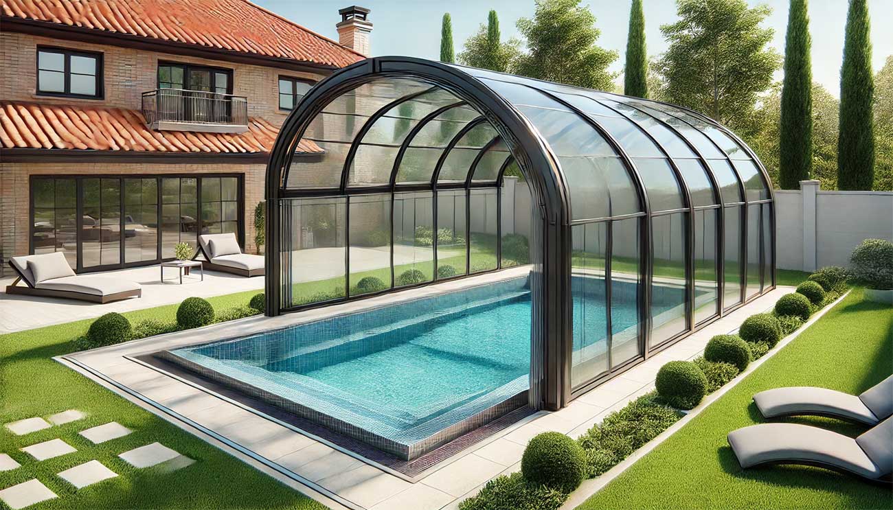 piscine rectangulaire de jardin avec un abri haut incurvé en verre transparent et un cadre métallique noir, couvrant toute la longueur de la piscine. L'abri présente un design arqué élégant, parfaitement aligné sur la forme de la piscine. Autour de la piscine se trouvent des carreaux de couleur claire et un jardin paysager avec de l'herbe verte et des buissons. L'arrière-plan comprend une maison au toit de tuiles rouges.