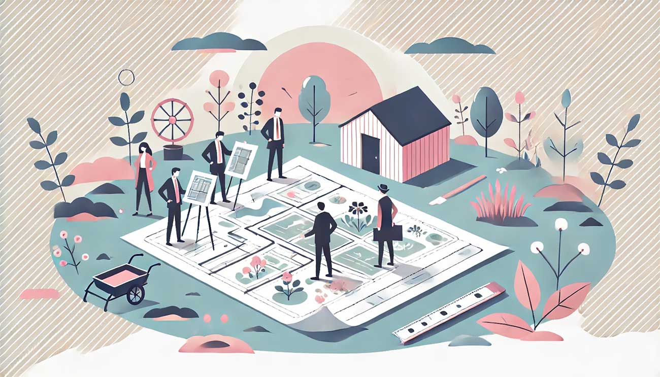  illustration plate en flat design style business avec une palette pastel, montrant des personnes consultant un plan d'urbanisme pour l'installation d'un abri de jardin.