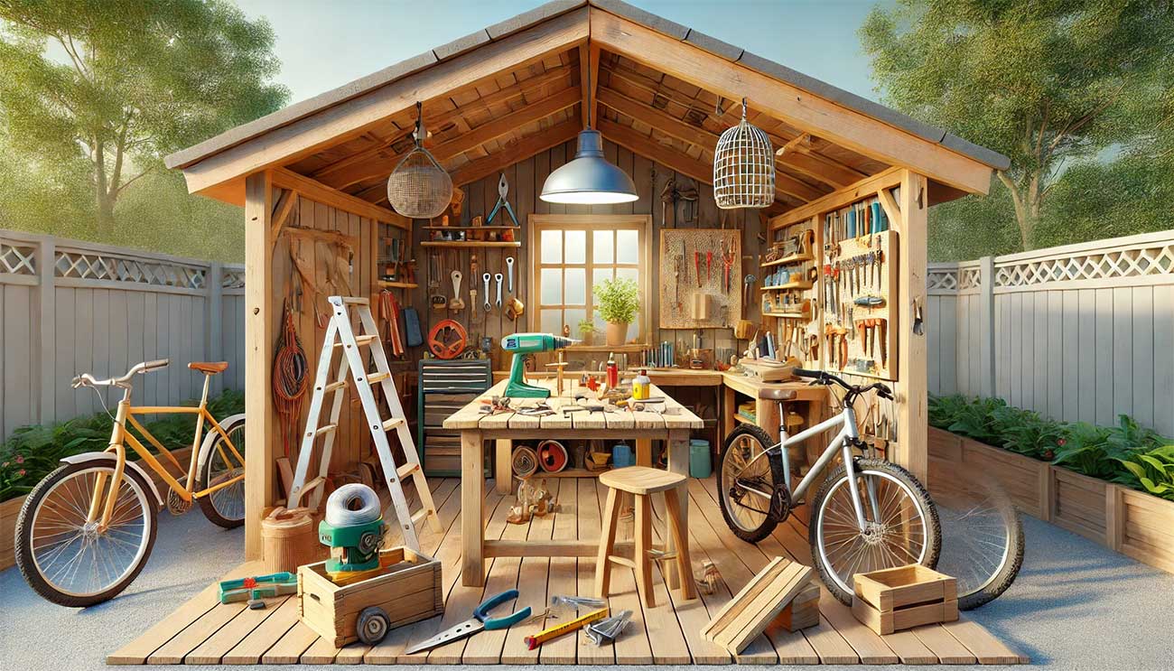 scène montrant un abri de jardin spacieux utilisé comme atelier de bricolage, avec une table de travail, des outils accrochés aux murs, et des équipements volumineux comme une bétonnière et un vélo rangés à proximité.