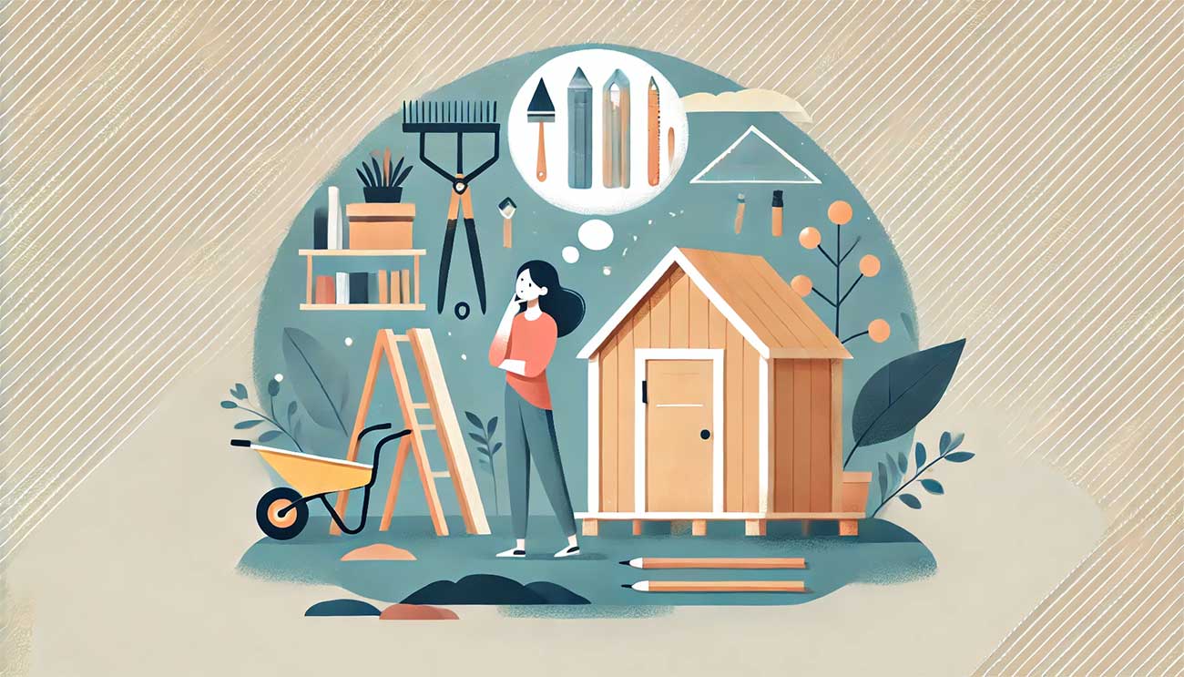  illustration représentant une jeune femme  réfléchissant à l'utilisation d'un abri de jardin