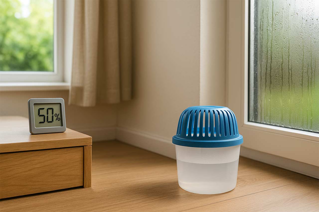 Photographie d’un coin de pièce bien éclairé avec un hygromètre indiquant 50 % et un absorbeur d’humidité au sol près d’une fenêtre embuée, illustrant la régulation de l’humidité intérieure.