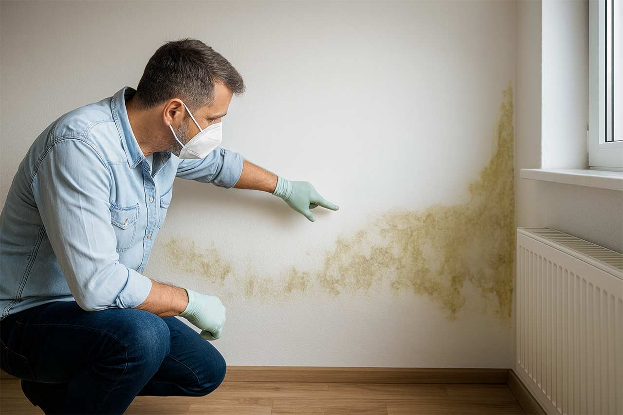 Photographie d’un homme portant des gants et un masque inspectant une tache de moisissure sur un mur blanc, dans une pièce éclairée par la lumière du jour