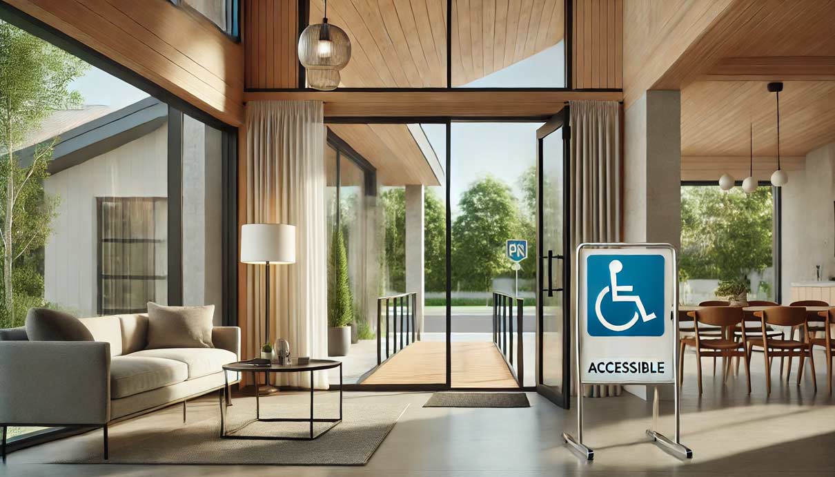 photo réaliste de l'intérieur d'une maison moderne, vue de l'intérieur vers l'entrée, montrant un panneau d'accessibilité en fauteuil roulant (panneau PMR) à l'extérieur de la porte d'entrée.