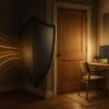 : ondes sonores à gauche d’un couloir domestique se dissipant en entrant dans un bureau lumineux et feutré à droite ; un bouclier symbolique arrete les ondes