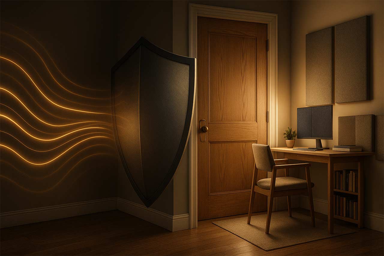 : ondes sonores à gauche d’un couloir domestique se dissipant en entrant dans un bureau lumineux et feutré à droite ; un bouclier symbolique arrete les ondes