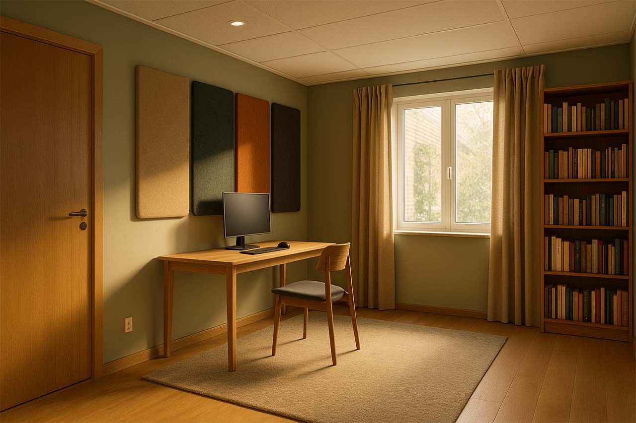 Home-office apaisé avec panneaux acoustiques, tapis, rideaux et porte calfeutrée, ambiance feutrée.