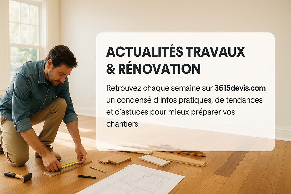 Bannière 3615devis.com présentant la section actualités travaux et rénovation, avec un artisan posant un parquet et mesurant une lame, outils et plan à côté.