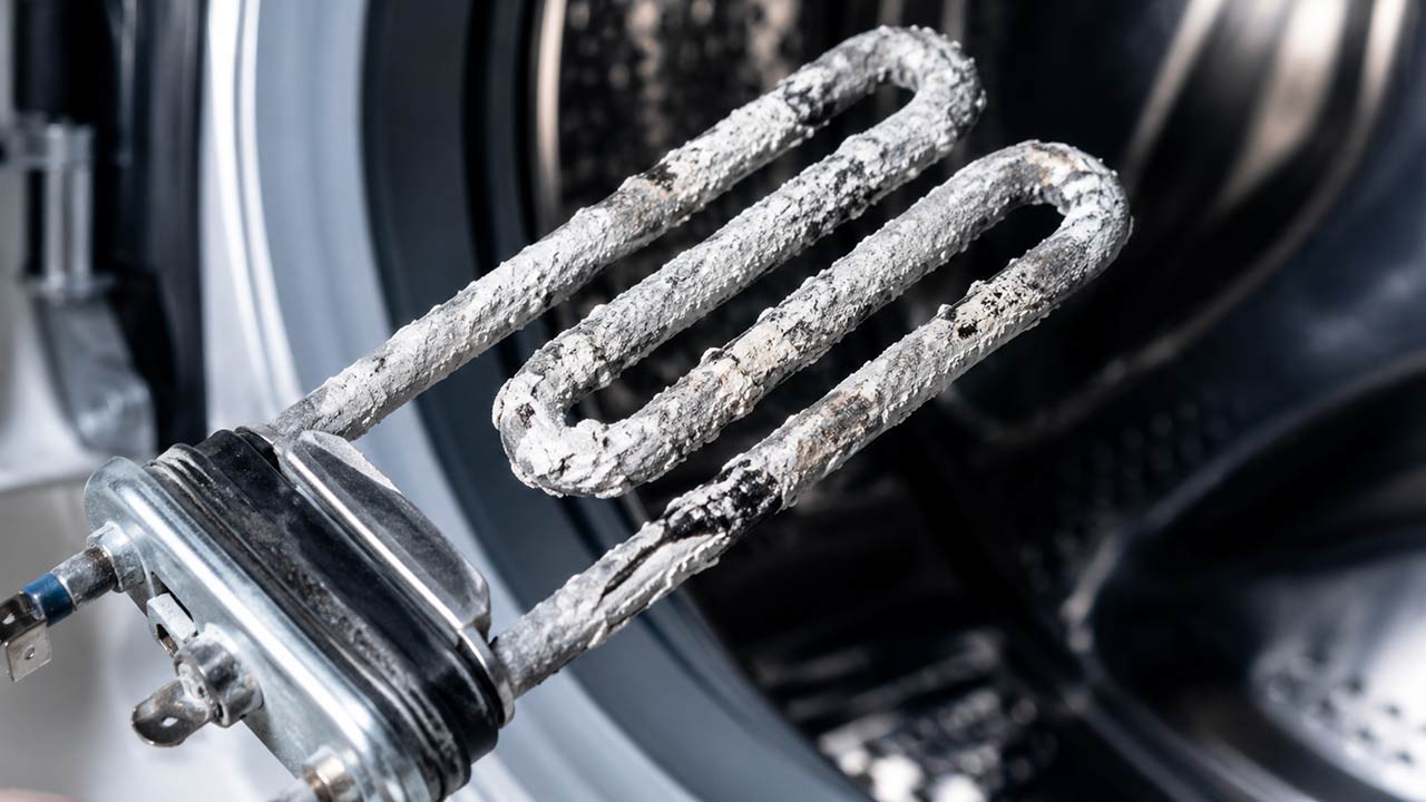 Gros plan sur une résistance entartrée et dépôt blanc de calcaire, symbole d’un appareil qui chauffe moins efficacement
