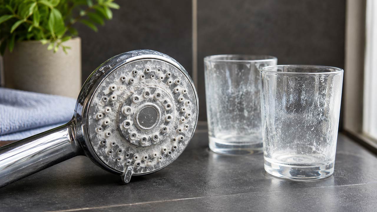Douchette et verres marqués par des traces blanches, scène domestique montrant les effets visibles d’une eau dure