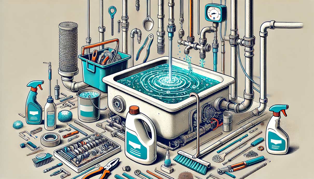 Illustration au format paysage d'un adoucisseur d'eau en cours de nettoyage dans un style graphique original. L'image montre un réservoir d'adoucisseur avec des dépôts minéraux visibles, des outils de nettoyage tels qu'une brosse et un détergent, et une atmosphère de bricoleur.