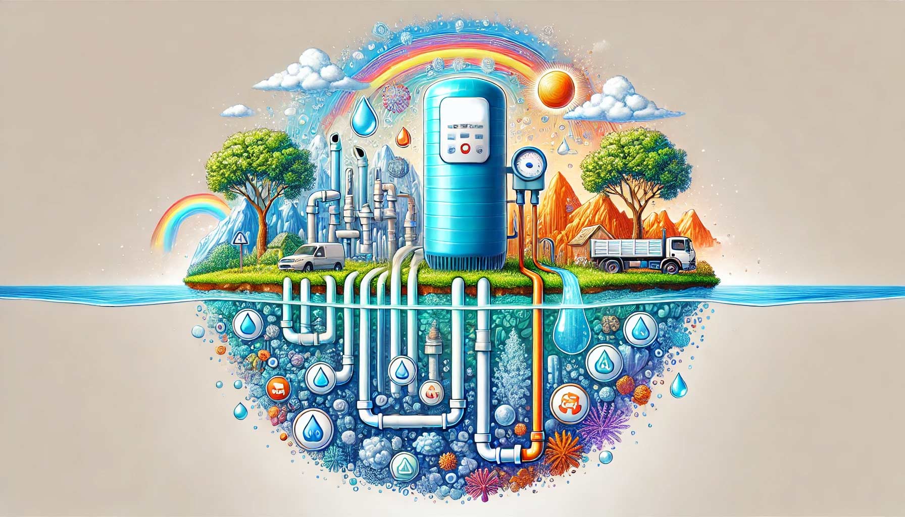illustration qui représente visuellement l'impact de l'eau dure sur la plomberie. Dans une palette de couleurs vives, cette image de paysage présente un fond blanc clair. Sur le côté gauche, on voit des tuyaux obstrués par des dépôts minéraux, avec une réduction visible de la pression de l'eau. À droite, un dispositif d'adoucissement de l'eau élimine activement le calcium et le magnésium, ce qui permet de garder les tuyaux propres et clairs. De petites icônes colorées autour de l'adoucisseur d'eau indiquent les étapes d'entretien à suivre. 