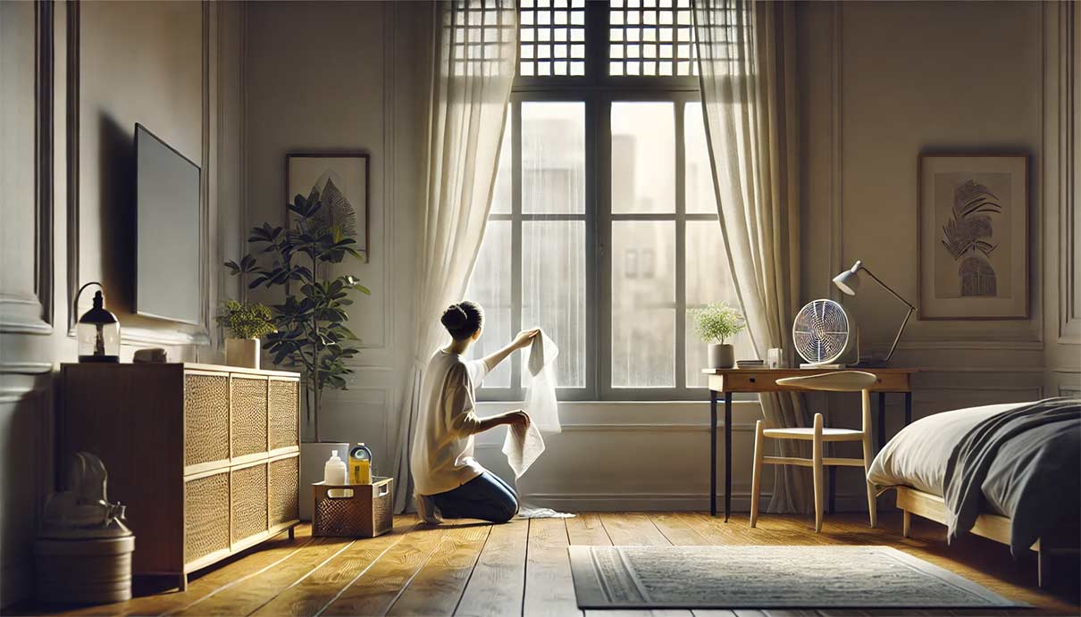 scène d'intérieur montrant une personne effectuant de petites réparations dans une chambre. La personne vérifie les joints d'une fenêtre, avec une serviette à la main pour essuyer la condensation. La pièce est lumineuse, bien rangée, et des meubles légèrement déplacés du mur pour laisser circuler l'air. Le sol est en bois clair, et il y a des éléments comme des plantes et un déshumidificateur discret.