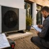 Technicien évaluant une pompe à chaleur devant une maison en hiver