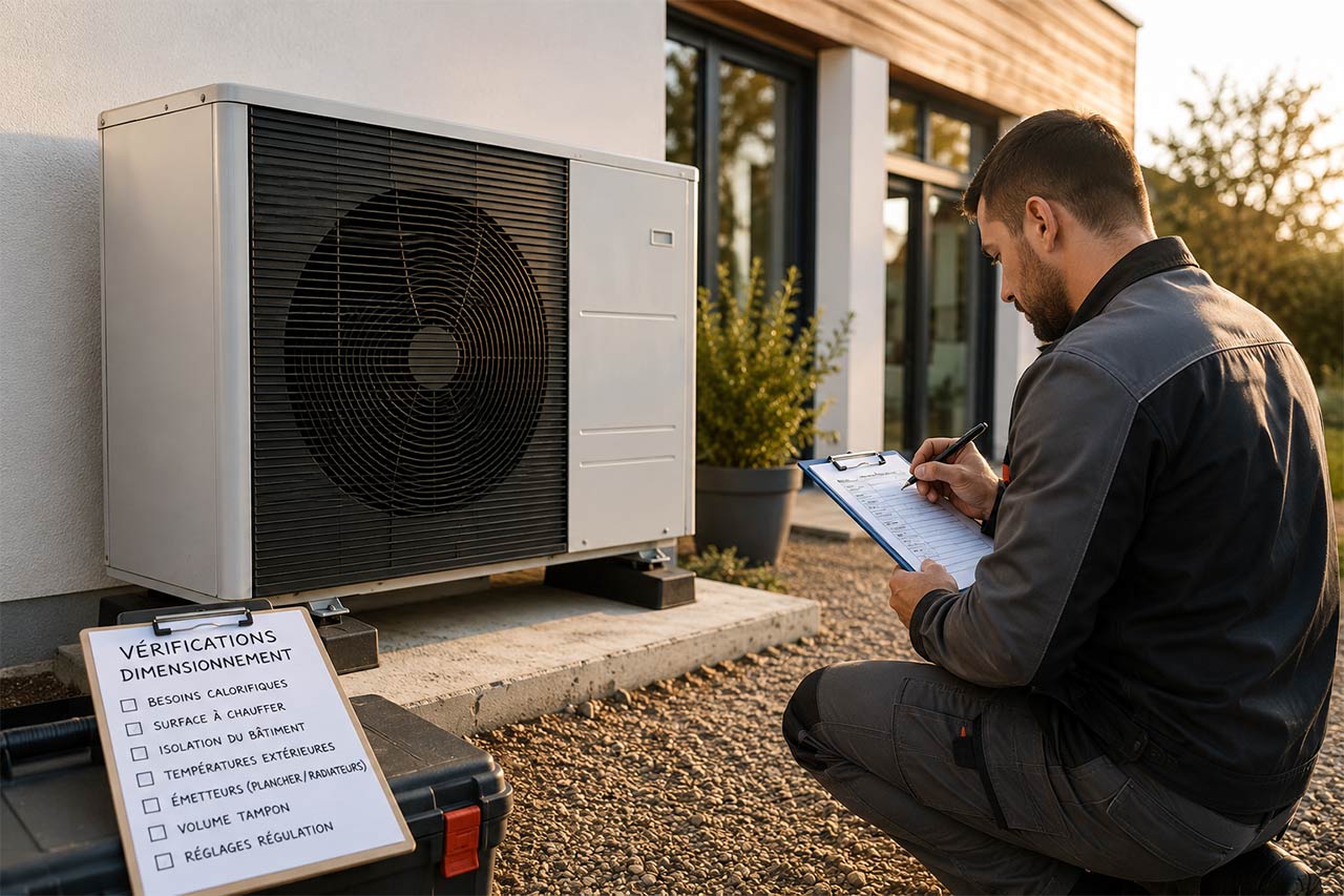 Technicien évaluant une pompe à chaleur devant une maison en hiver