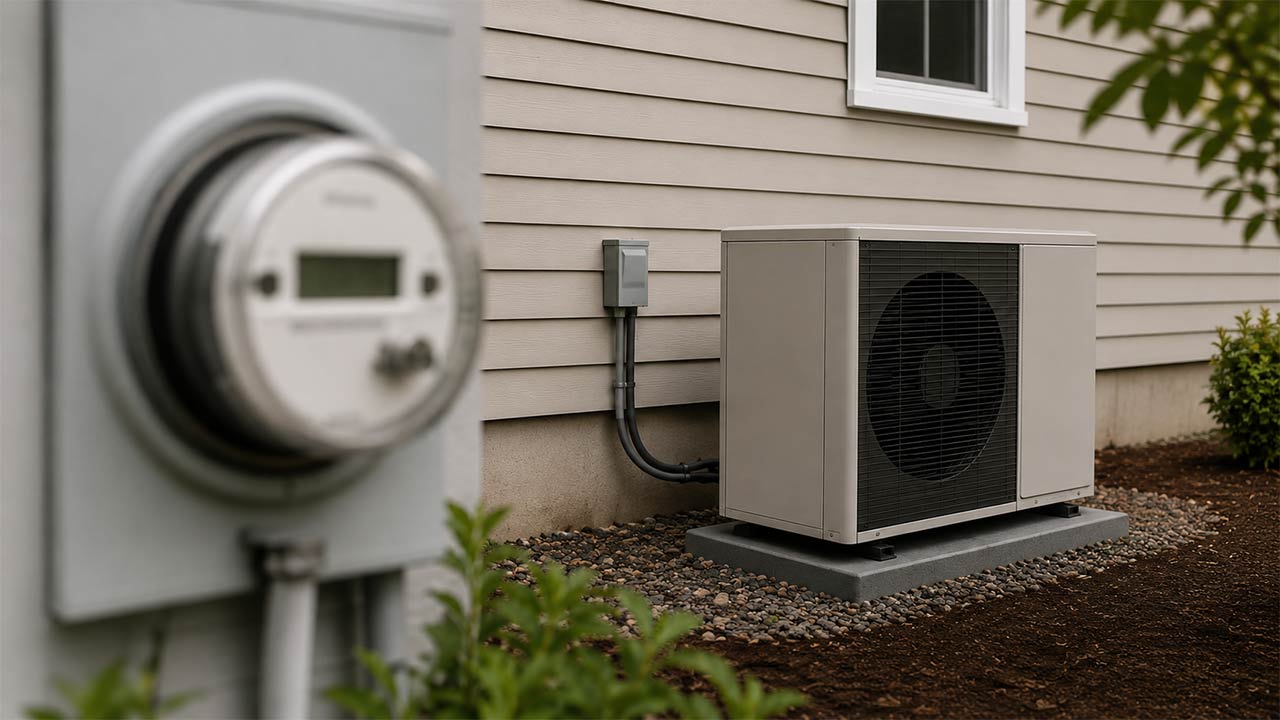 Pompe à chaleur et compteur électrique évoquant une surconsommation