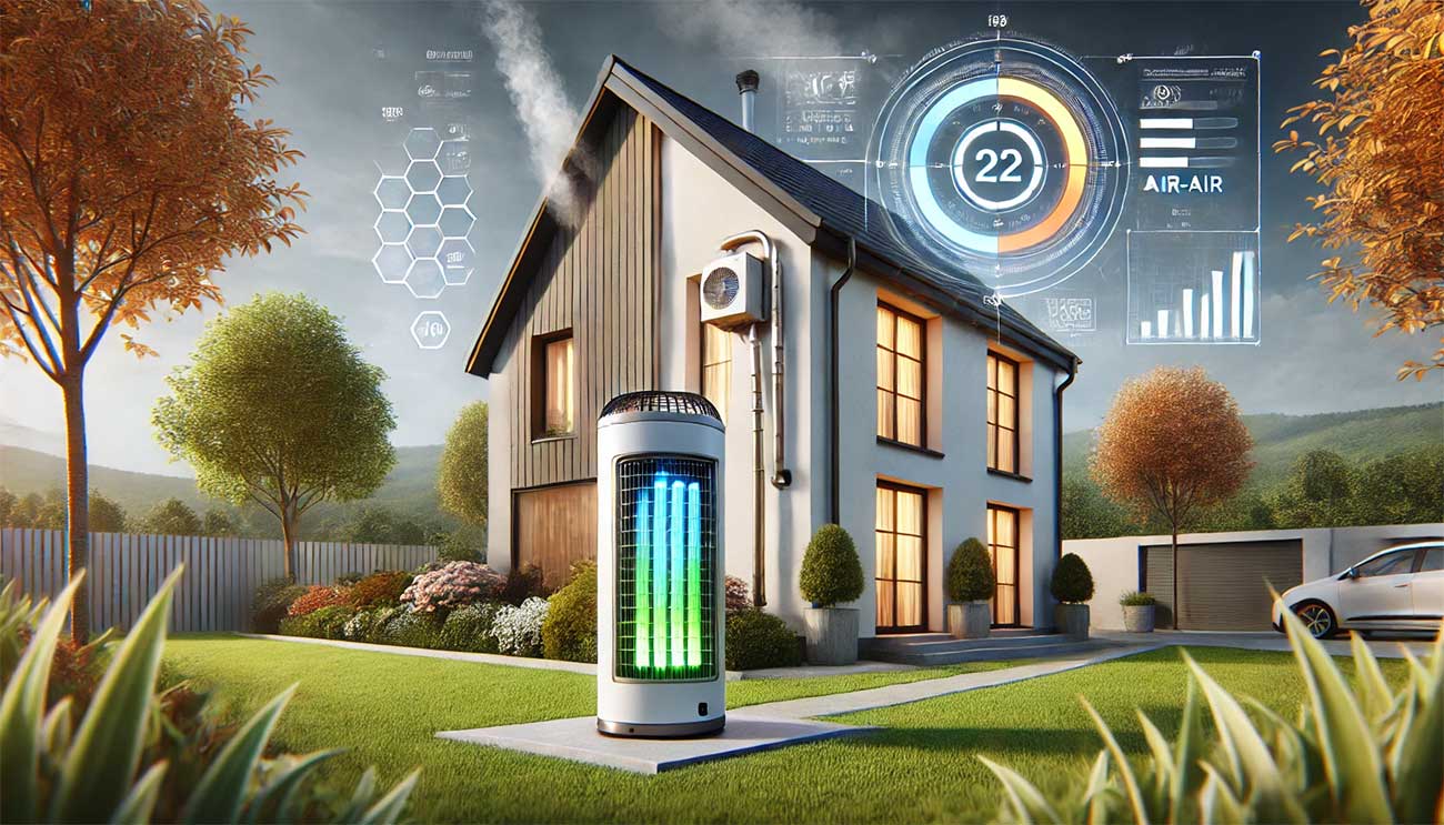 maison moderne vue de près avec une pompe à chaleur air-air en fonctionnement. La scène inclut des effets de profondeur de champ, des plantes au premier plan, et un ciel clair. On voit des flèches visuelles illustrant le processus de régulation thermique.