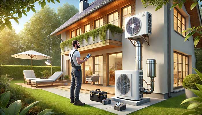 illustration réaliste montrant une pompe à chaleur air-air installée à l'extérieur d'une maison moderne, avec un technicien effectuant un réglage technique sur l'appareil. La scène se déroule par un temps clair, avec un jardin en arrière-plan et des éléments domestiques comme une terrasse et des volets.