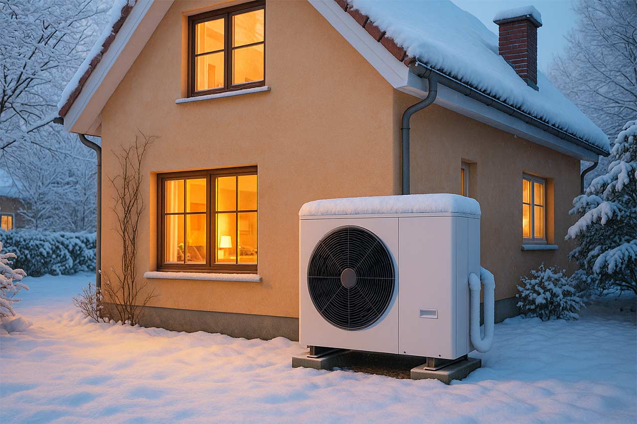 maison hivernale avec sa pompe à chaleur à proximité