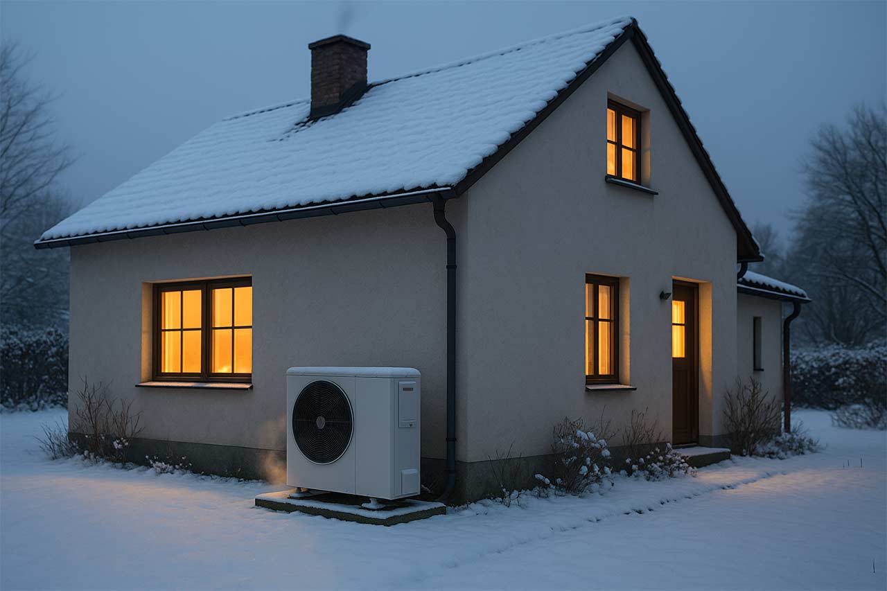 Vue d’une maison en hiver avec unité extérieure de PAC dégagée, conduits secs, ambiance chaleureuse à l’intérieur