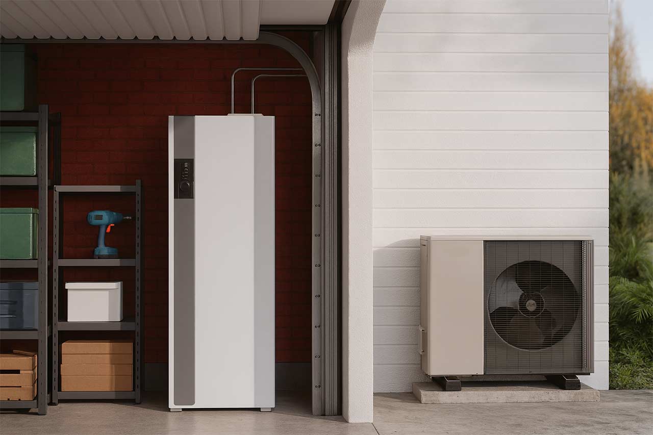 Pompe à chaleur installée devant un mur extérieur blanc, reliée à une unité intérieure moderne placée dans un garage au mur rouge, avec une étagère de rangement contenant des boîtes et outils
