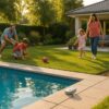 Vue en plongée d’un jardin contemporain avec piscine enterrée rectangulaire, une famille avec enfants joue près du bassin, discret boîtier d’alarme immergée sur la margelle et petits poteaux d’alarme périphérique en arrière-plan