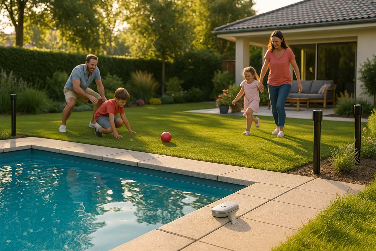 Vue en plongée d’un jardin contemporain avec piscine enterrée rectangulaire, une famille avec enfants joue près du bassin, discret boîtier d’alarme immergée sur la margelle et petits poteaux d’alarme périphérique en arrière-plan