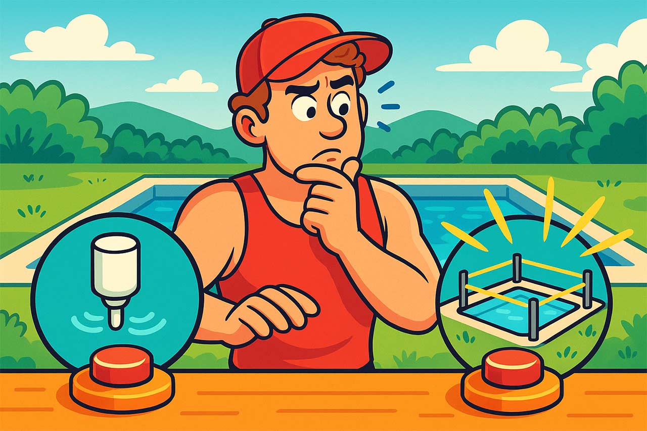 Illustration colorée et dynamique d’un sauveteur en maillot rouge hésitant entre deux gros boutons lumineux, l’un illustré par une petite sonde dans l’eau, l’autre par des poteaux avec faisceaux lumineux autour d’une piscine, expression amusée mais concentrée