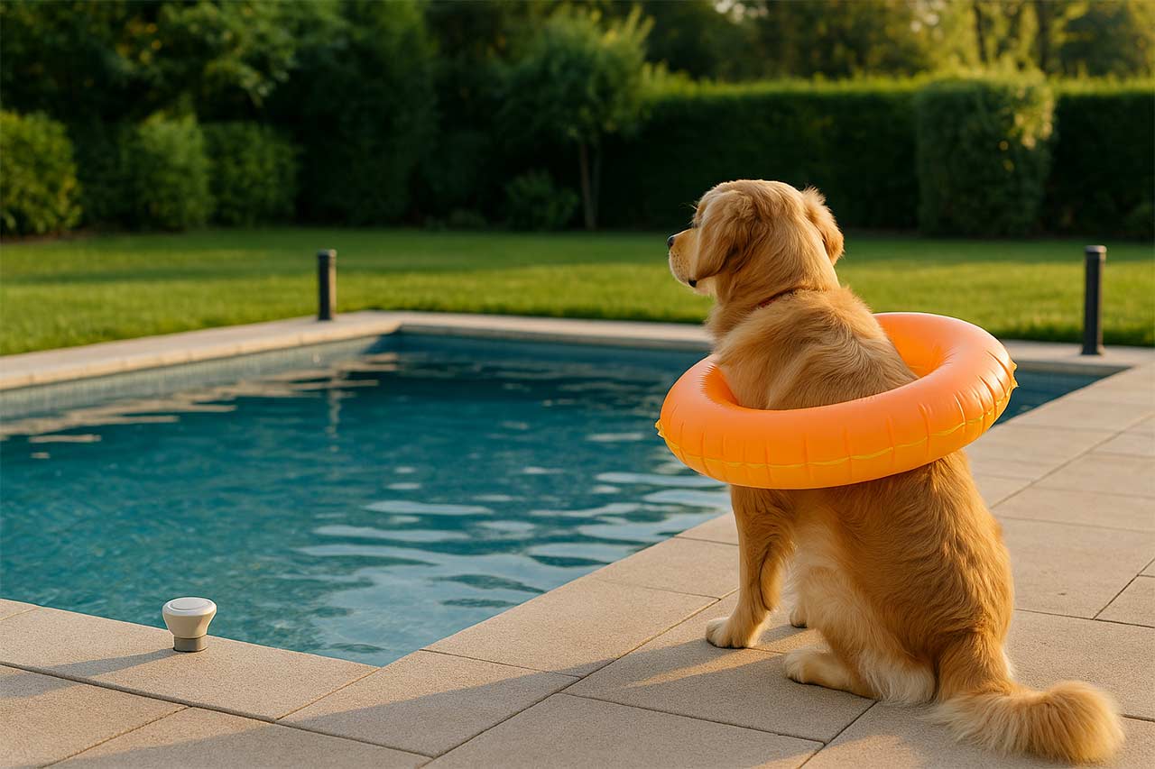 golden retriever avec une bouée de sauvetage assis au bord d'une piscine de maison sécurisée