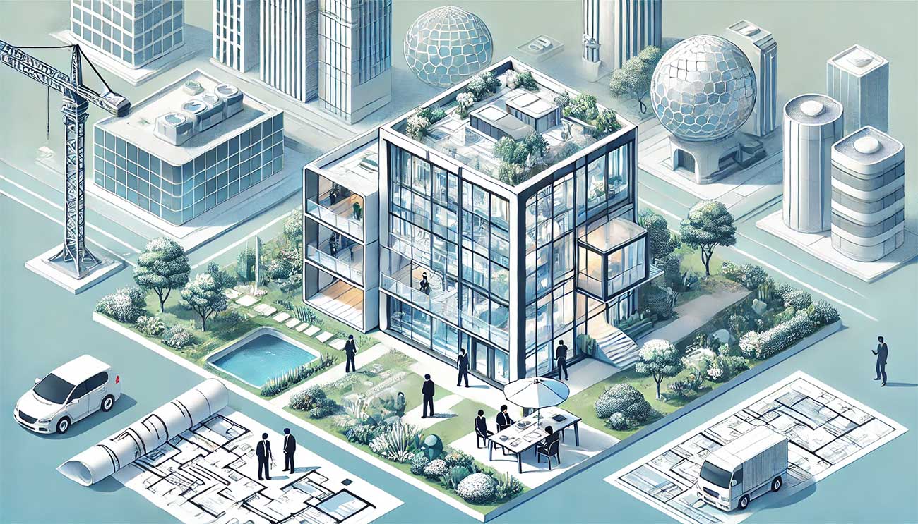 Illustration isométrique détaillée montrant un bâtiment futuriste intégrant des éléments en aluminium tels que des façades, des fenêtres et des vérandas, entouré d'un paysage urbain et écologique, avec des architectes travaillant sur des plans. 