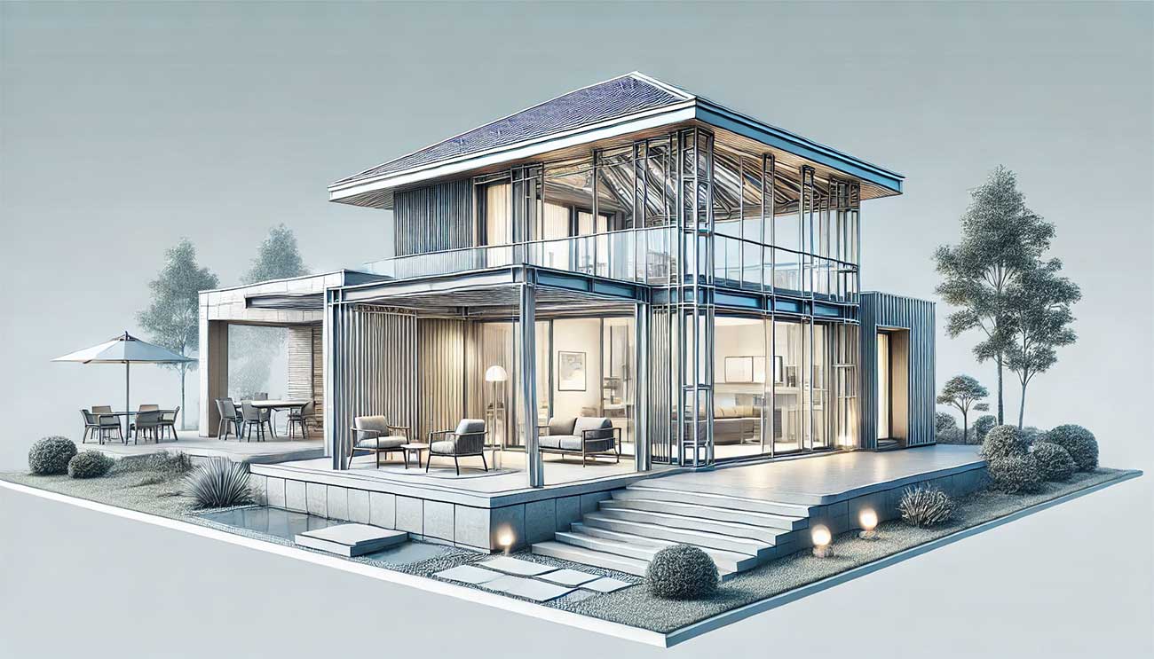  illustration montrant des structures légères et innovantes réalisées avec de l'aluminium. Une véranda spacieuse et lumineuse intégrée à une maison moderne avec des éléments en pierre et en bois, reflétant la créativité et la versatilité de l'aluminium.
