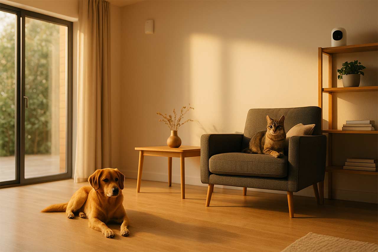 intérieur contemporain lumineux, salon avec baie vitrée, détecteur de mouvement discret en hauteur, caméra intérieure sur étagère, chien moyen couché au sol et chat sur un fauteuil, zones de détection suggérées par un léger flou au ras du sol