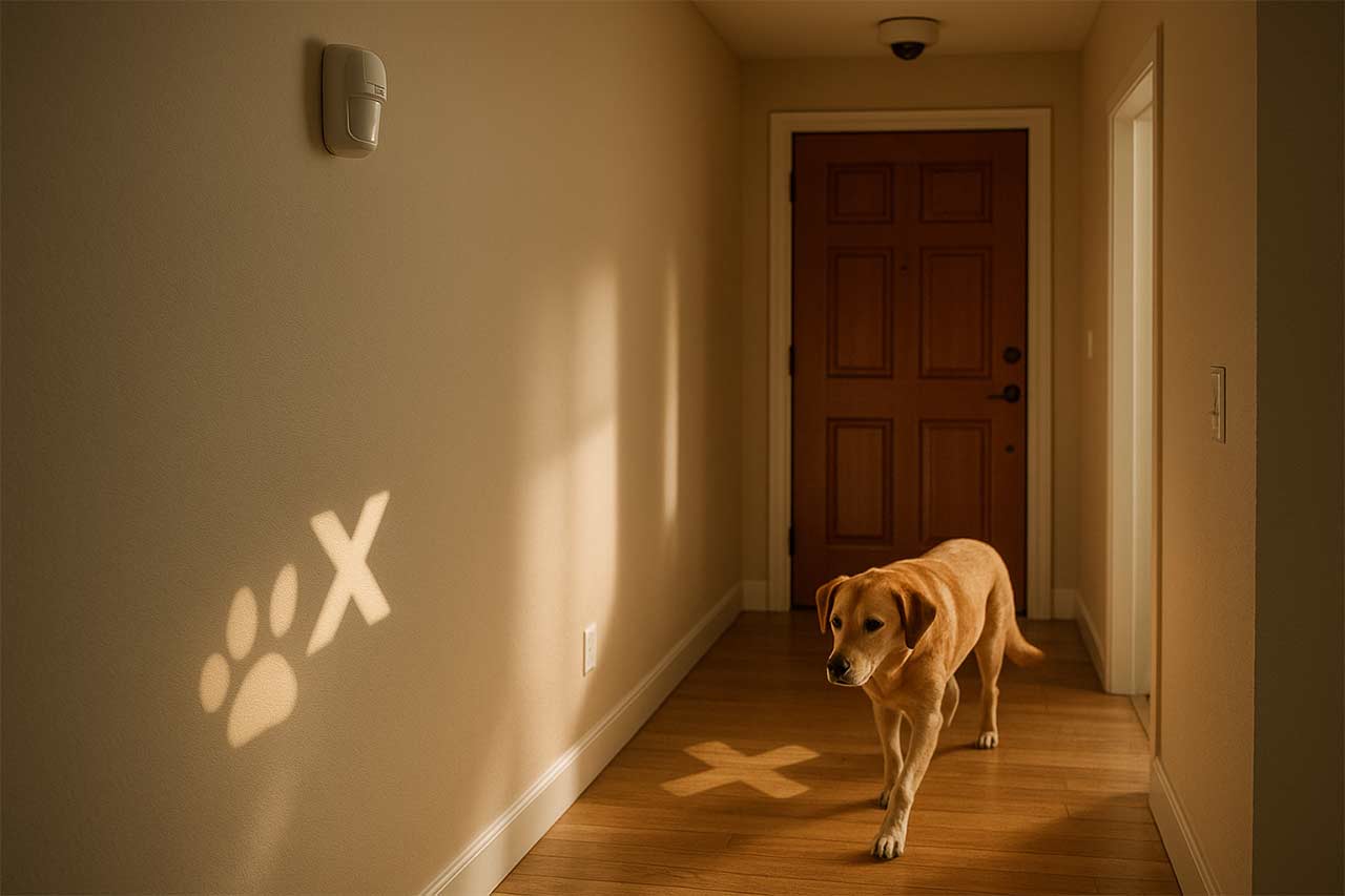 Photo d’un couloir menant à une porte d’entrée, capteur double technologie mural, pictogrammes de zones exclues au sol suggérées par des ombres douces, caméra au plafond orientée vers la porte, chien passant sereinement sans déclenchement
