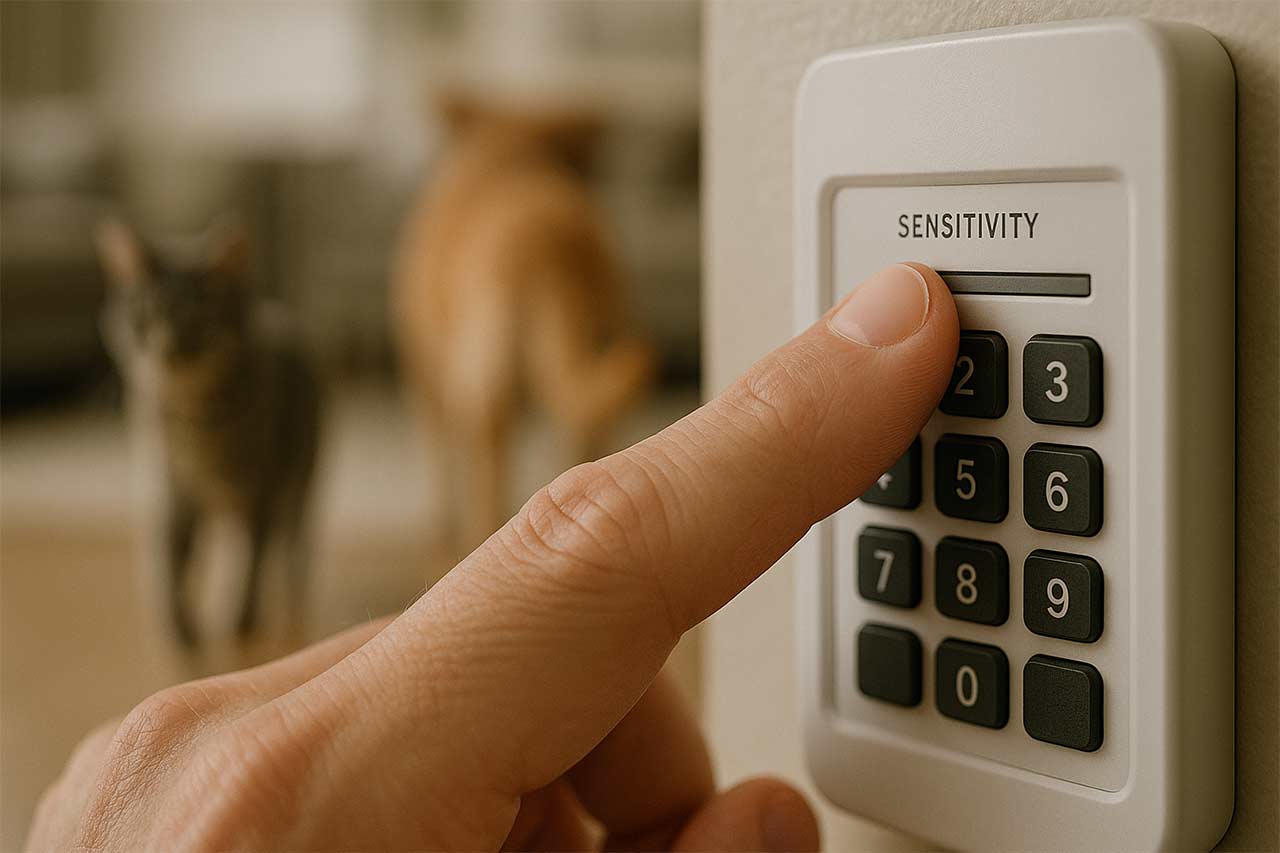 Main réglant une alarme pendant que chien et chat bougent en arrière-plan sans alerte