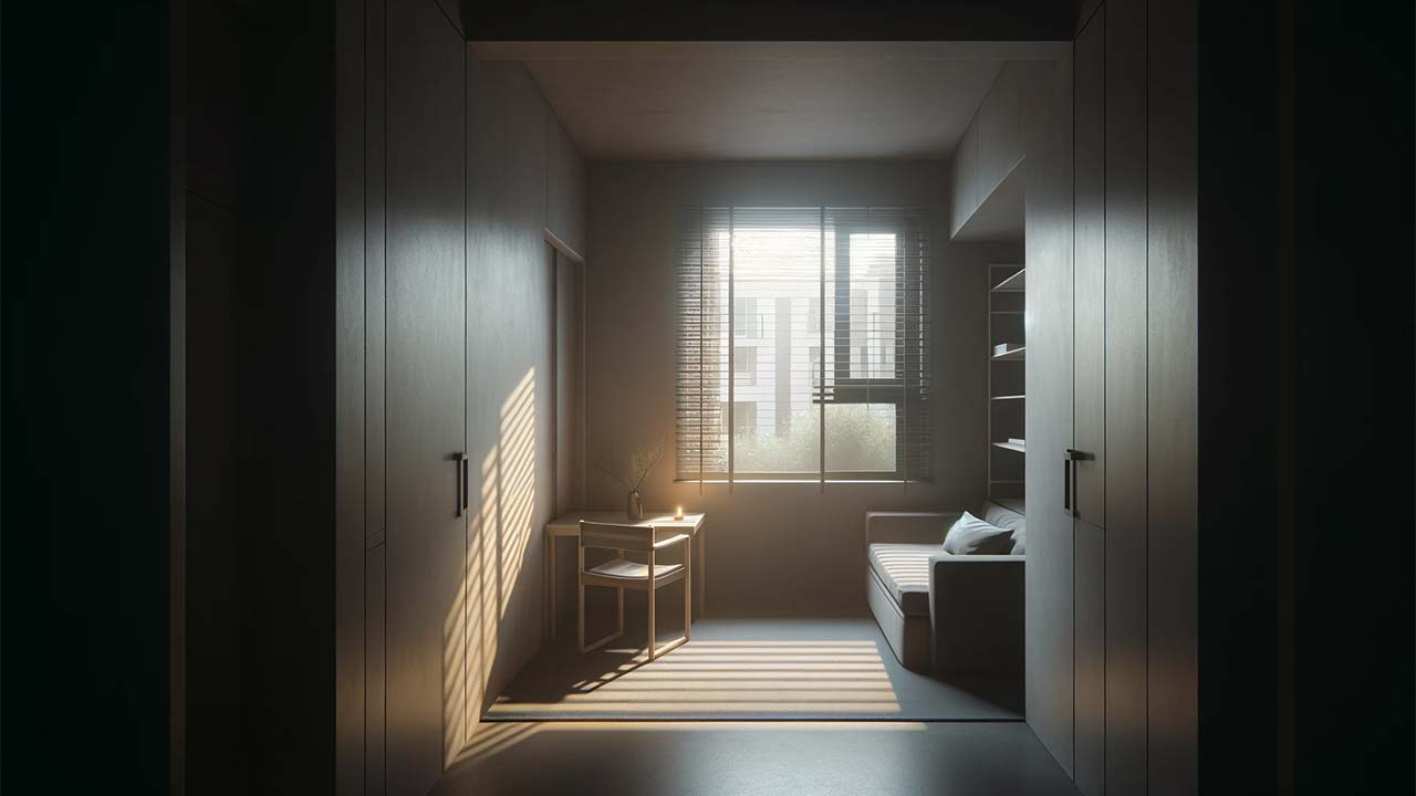 Intérieur d'un appartement au rez-de-chaussée, caractérisé par un manque de lumière naturelle. La pénombre de l'espace est accentuée par la faible lumière du soleil qui filtre à travers les stores des petites fenêtres. Les murs sont peints dans des tons pastel et le mobilier minimaliste est disposé de manière à tirer le meilleur parti de la faible luminosité.
