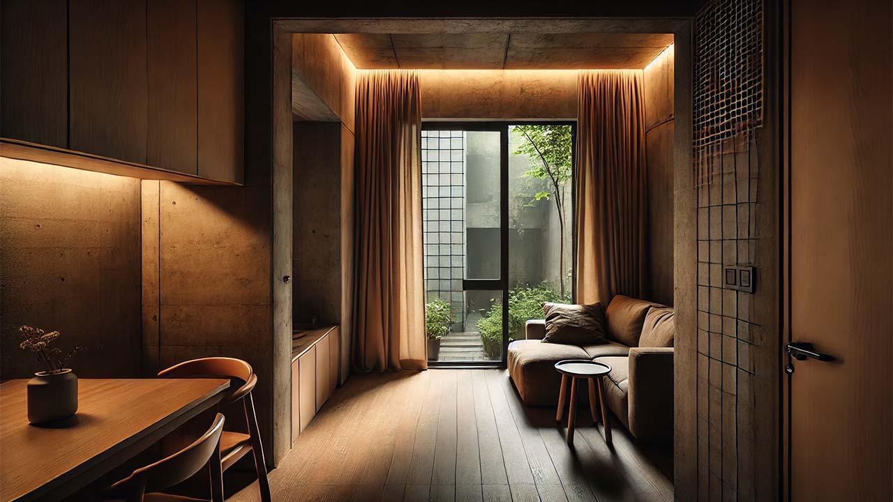 visuel d'un appartement lumière naturelle limitée passe par de petites fenêtres à rideaux, créant un éclairage doux et irrégulier sur les meubles modernes. La pièce est confortable mais légèrement claustrophobe, avec des éléments urbains visibles à travers la fenêtre, tels qu'un mur de briques et de la verdure, qui masquent partiellement la lumière.