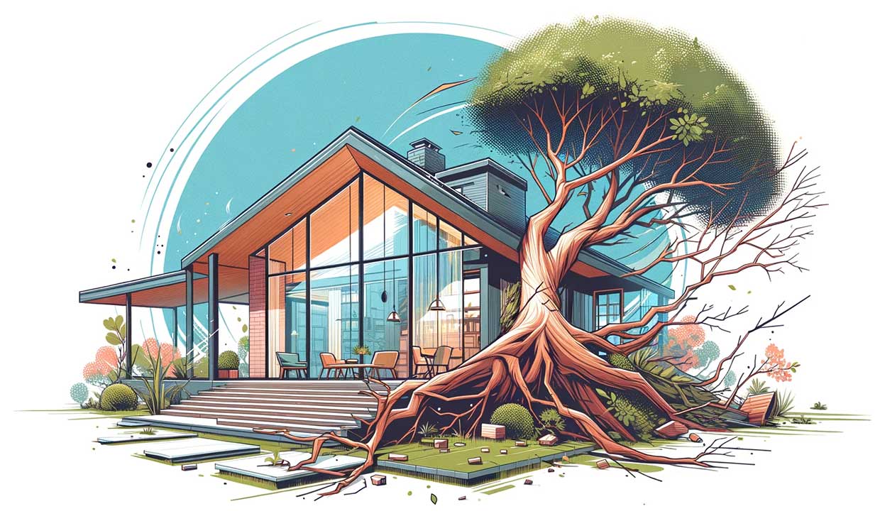 Illustration d'une grande branche d'arbre tombée sur le toit d'une maison moderne, dans un style illustré et coloré
