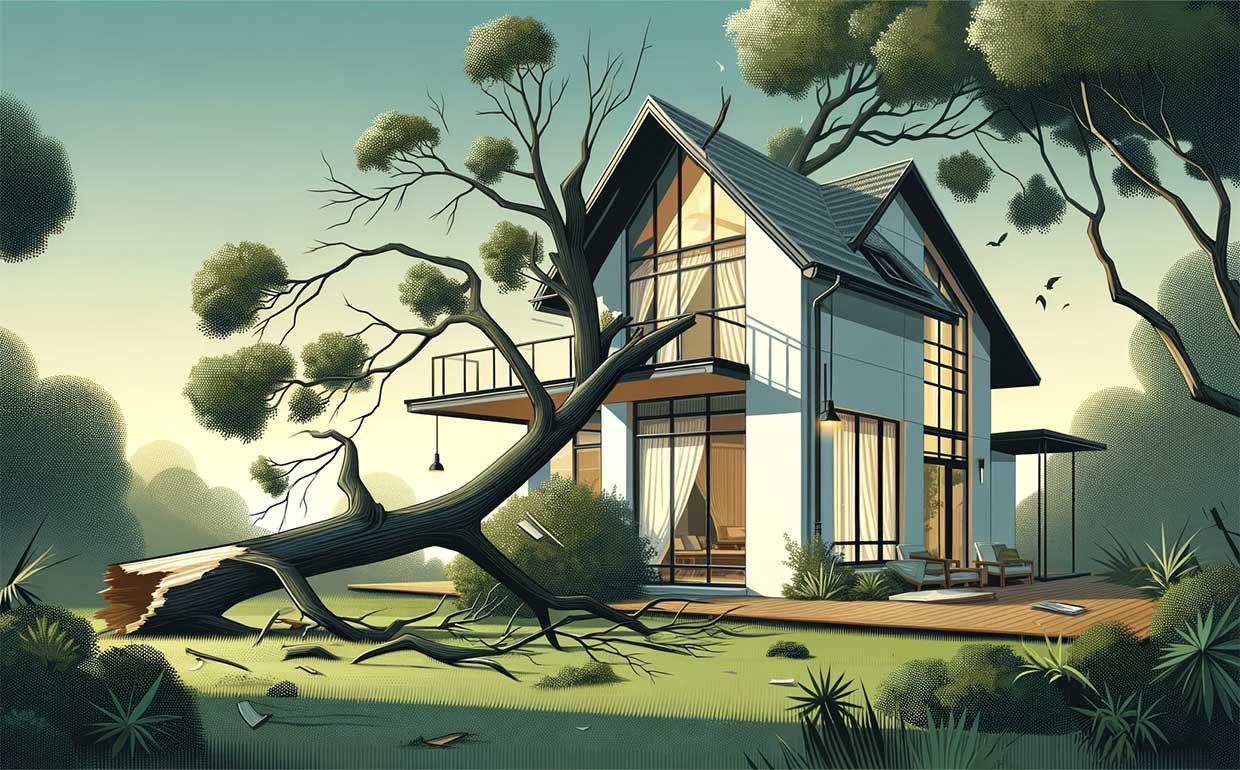 Illustration d'une grande branche d'arbre tombée sur le toit d'une maison moderne, dans un style réaliste. L'environnement est calme et paisible, reflétant un moment après la tempête. La maison présente une architecture contemporaine, avec des lignes épurées et des fenêtres larges