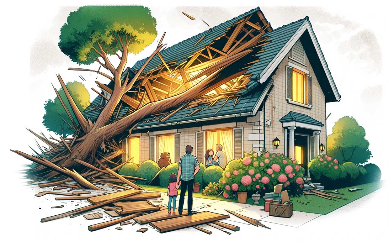  image dans un style de dessin animé montrant une famille regardant leur toit endommagé depuis l'intérieur de leur maison, inquiète mais en sécurité. Le toit a un grand trou causé par la chute d'une branche d'arbre