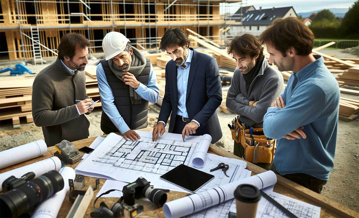 discussion entre architectes et constructeurs sur un chantier de construction. Ils sont en train de regarder des plans et de discuter d'alternatives aux matériaux plastiques, avec des exemples de ces matériaux durables, 