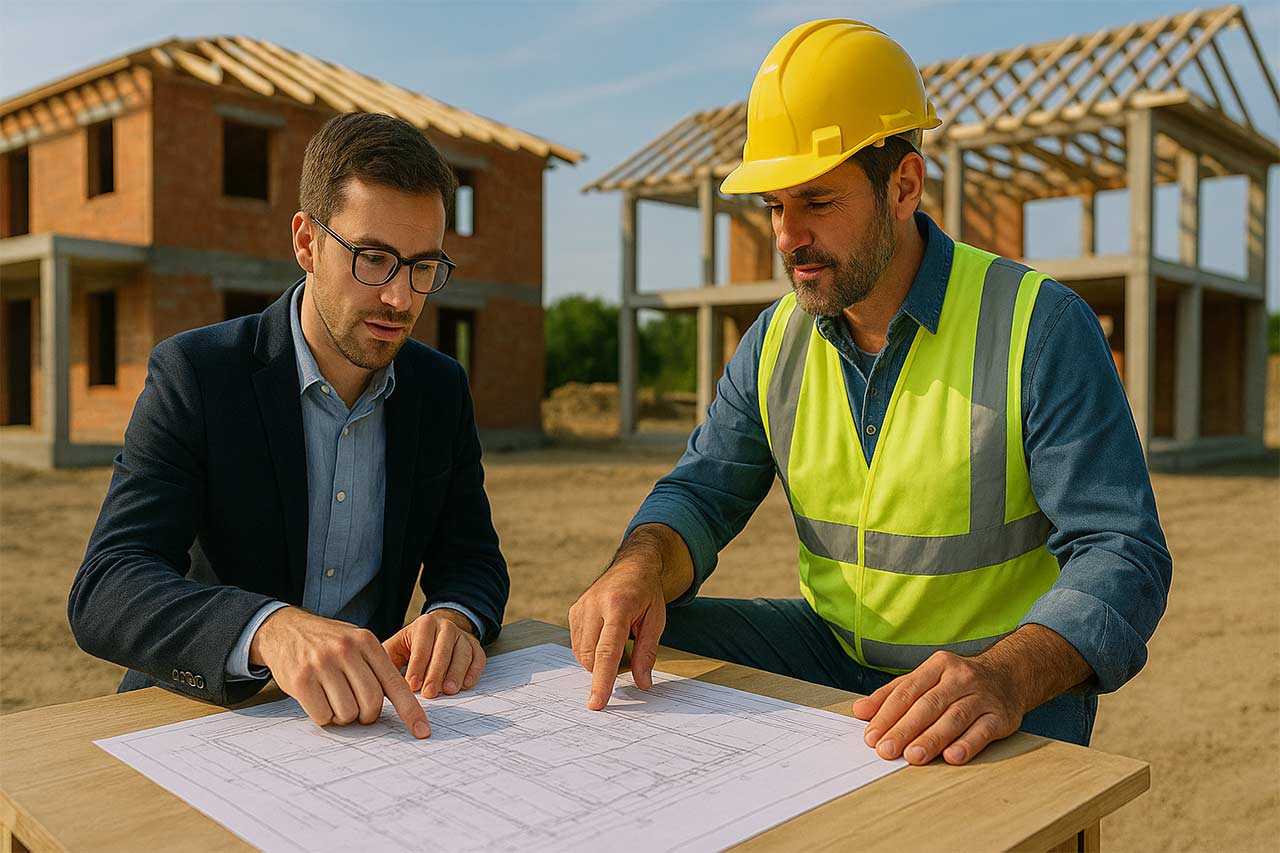 Deux professionnels du bâtiment analysant des plans techniques sur table, avec des maisons en construction et charpente apparente en arrière-plan