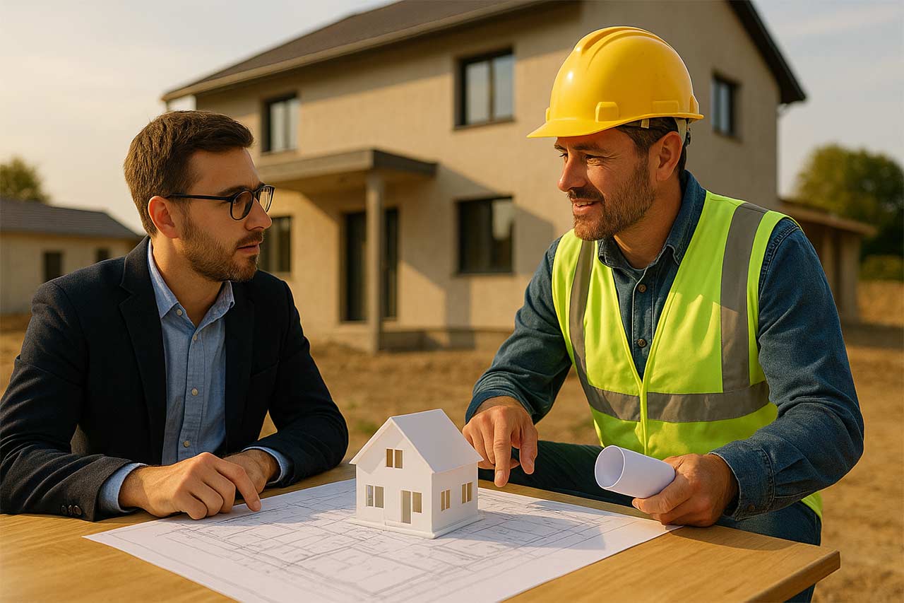 Architecte et maître d’œuvre discutant d’une maquette de maison et de plans sur table, devant un chantier résidentiel au coucher du soleil