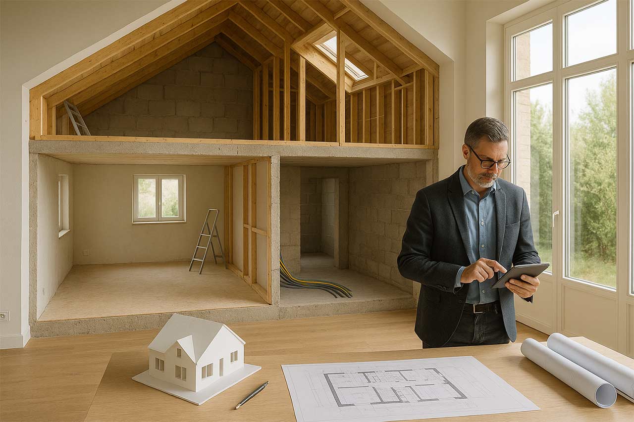 Intérieur de maison en rénovation vu en coupe, multiples pièces connectées, plans épurés affichés sur une table, maquette 3D et rouleaux de plans, lumière naturelle, palette neutre, présence discrète d’un architecte en train de coordonner avec une tablette