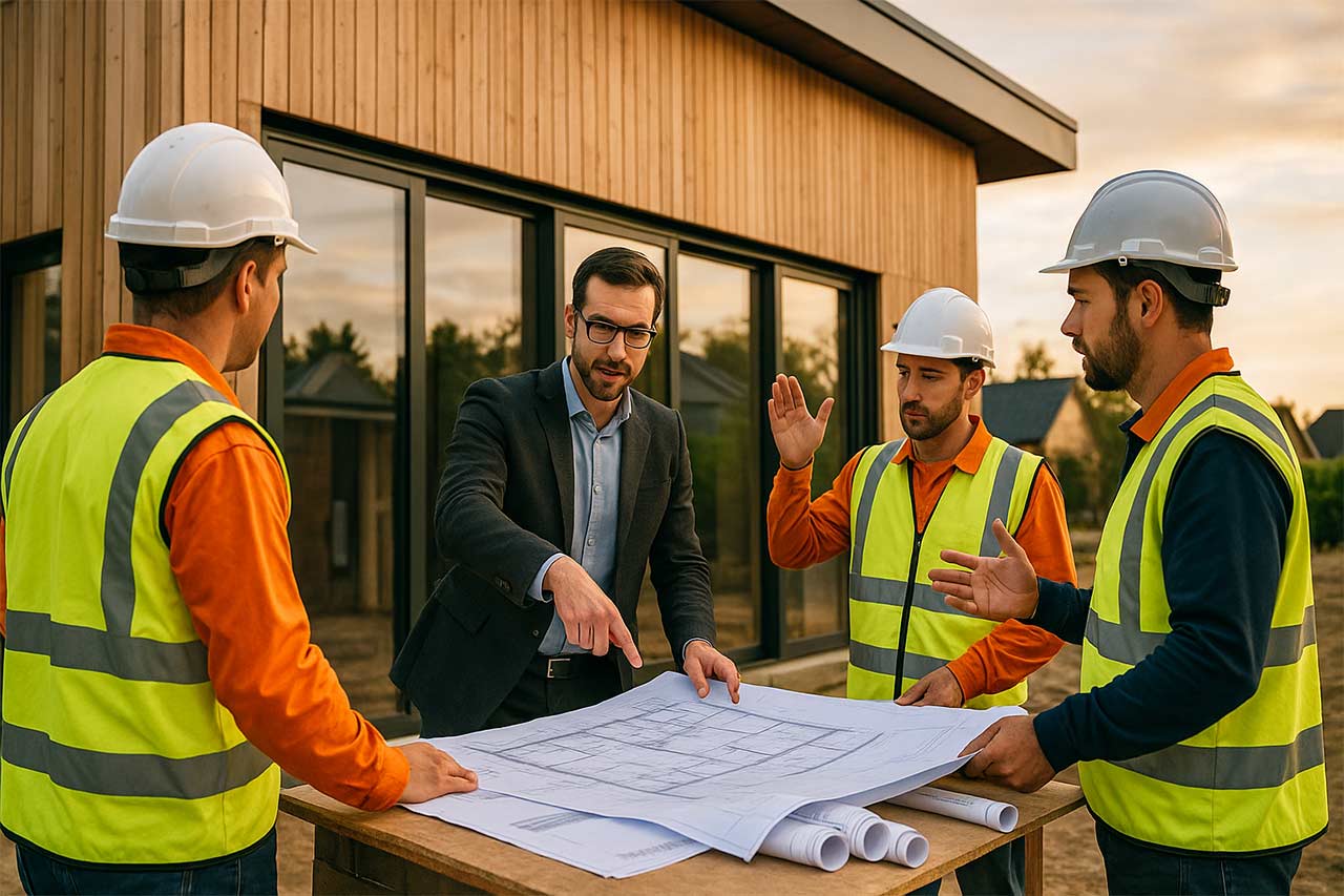 Réunion de chantier en extérieur sur une extension contemporaine, architecte pointant un plan, entrepreneurs autour, casque et gilets, façade bois et grandes baies