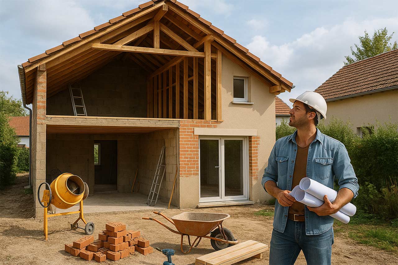 responsable de chantier avec des plans dans les mains devant une maison en construction