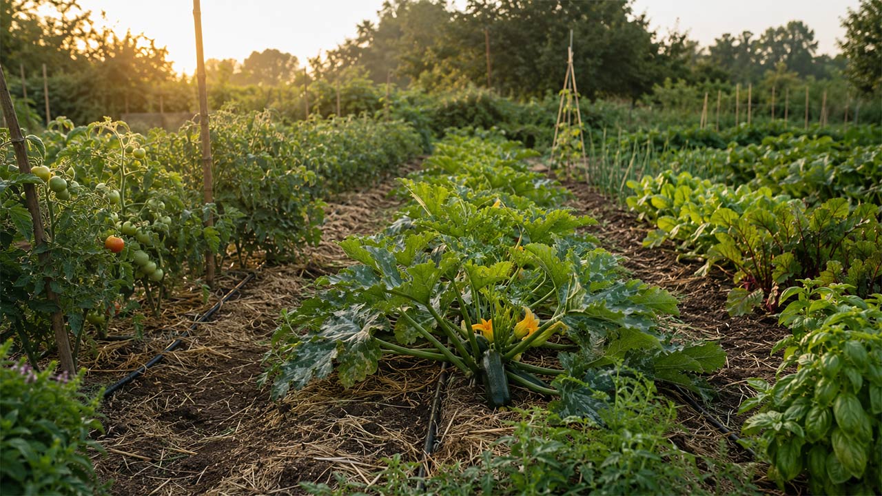 Potager d’été avec arrosage goutte-à-goutte au pied des légumes