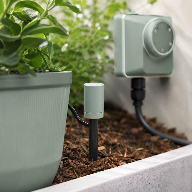Sonde d’humidité plantée dans un pot pour piloter l’arrosage automatique