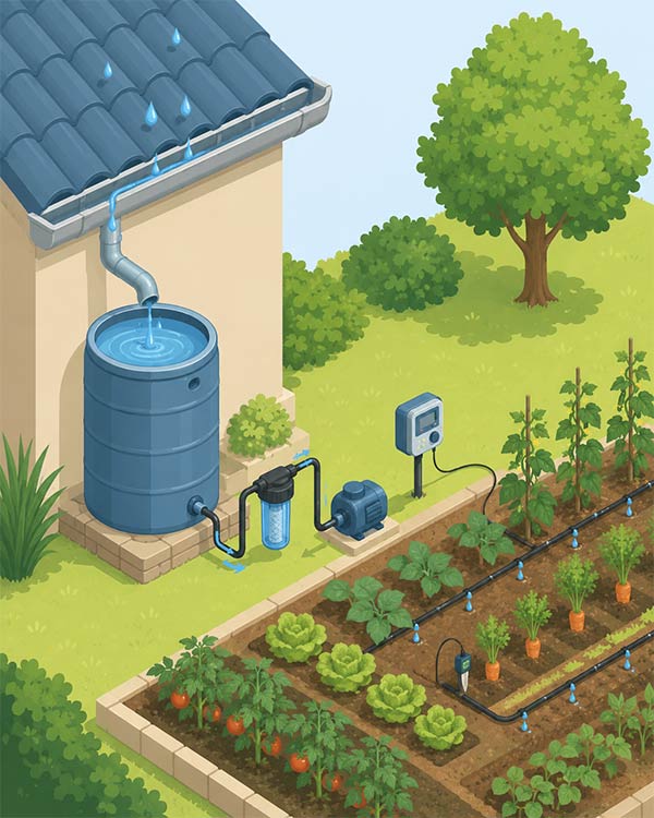 Système d’arrosage avec récupérateur d’eau, sonde et goutte-à-goutte