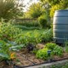 photo d'un potager d’été avec goutte-à-goutte, récupérateur d’eau de pluie et sonde d’arrosage